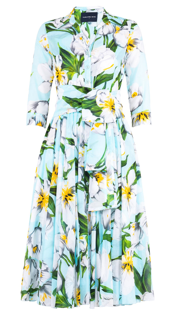 Aster Dress Shirt Collar 3/4 Sleeve Midi Length Cotton Musola (Emperor Tulip Pastel)