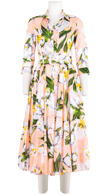 Aster Dress Shirt Collar 3/4 Sleeve Midi Length Cotton Musola (Emperor Tulip Pastel)
