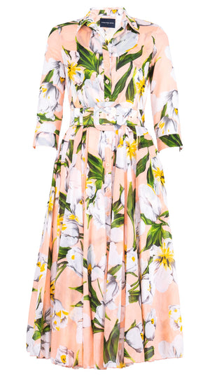Aster Dress Shirt Collar 3/4 Sleeve Midi Length Cotton Musola (Emperor Tulip Pastel)