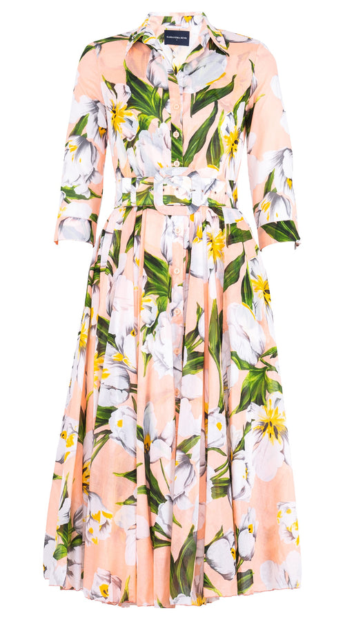 Aster Dress Shirt Collar 3/4 Sleeve Midi Length Cotton Musola (Emperor Tulip Pastel)