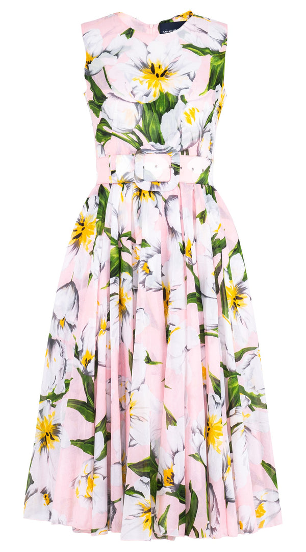 Aster Dress Crew Neck Sleeveless Midi Length Cotton Musola (Emperor Tulip Pastel)