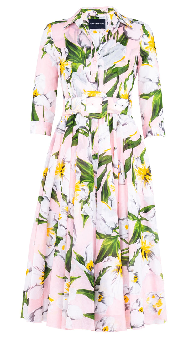 Aster Dress Shirt Collar 3/4 Sleeve Midi Length Cotton Musola (Emperor Tulip Pastel)