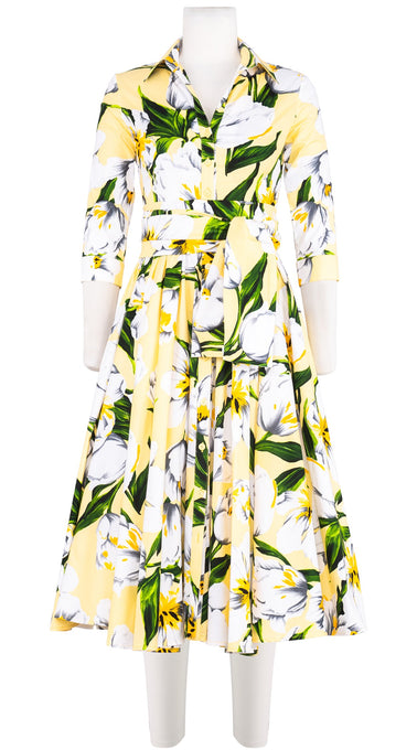 Abelia Dress Shirt Collar 3/4 Sleeve Midi Length Cotton Stretch (Emperor Tulip Pastel)