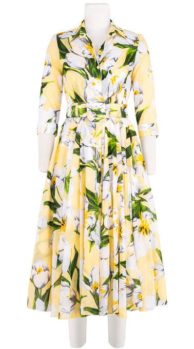 Aster Dress Shirt Collar 3/4 Sleeve Midi Length Cotton Musola (Emperor Tulip Pastel)
