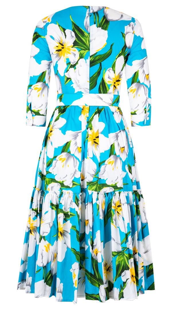 Melanie Dress Crew Neck 3/4 Sleeve Midi Length Cotton Lawn (Emperor Tulip Bright) @XS-XXL