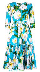 Melanie Dress Crew Neck 3/4 Sleeve Midi Length Cotton Lawn (Emperor Tulip Bright) @XS-XXL
