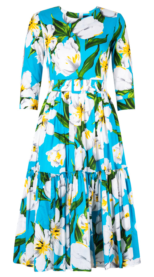 Melanie Dress Crew Neck 3/4 Sleeve Midi Length Cotton Lawn (Emperor Tulip Bright) @XS-XXL