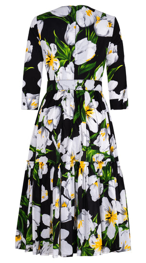 Melanie Dress Crew Neck 3/4 Sleeve Midi Length Cotton Lawn (Emperor Tulip Bright) @S-XL