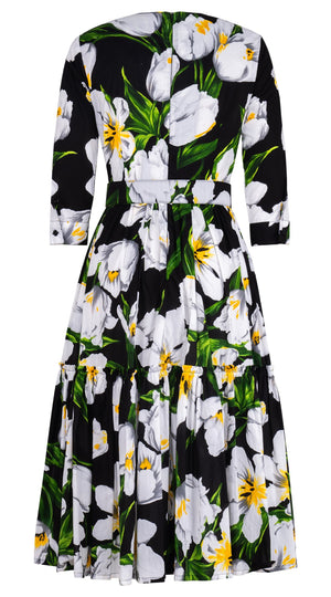 Melanie Dress Crew Neck 3/4 Sleeve Midi Length Cotton Lawn (Emperor Tulip Bright)