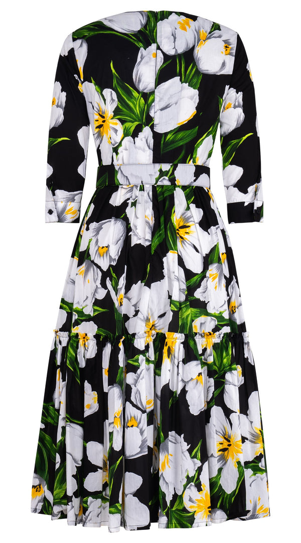 Melanie Dress Crew Neck 3/4 Sleeve Midi Length Cotton Lawn (Emperor Tulip Bright)