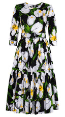 Melanie Dress Crew Neck 3/4 Sleeve Midi Length Cotton Lawn (Emperor Tulip Bright) @S-XL