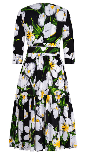 Melanie Dress Crew Neck 3/4 Sleeve Midi Length Cotton Lawn (Emperor Tulip Bright)