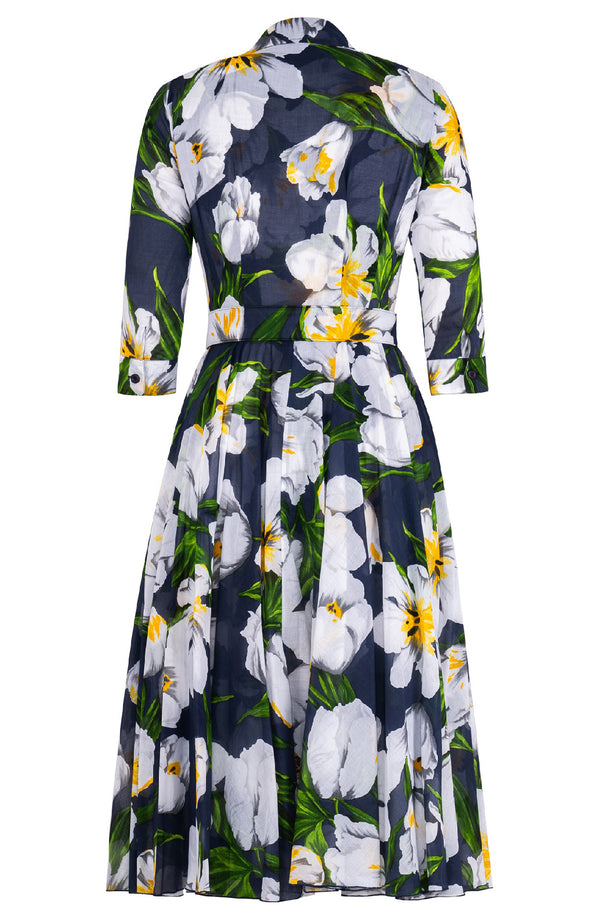 Aster Dress Shirt Collar 3/4 Sleeve Midi Length Cotton Musola (Emperor Tulip Bright)