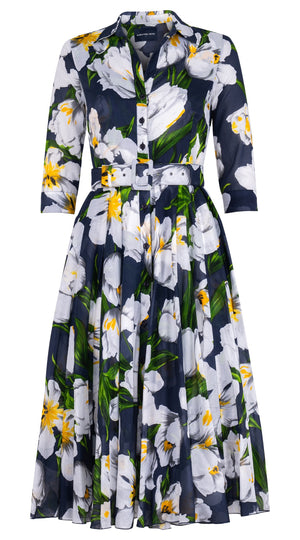 Aster Dress Shirt Collar 3/4 Sleeve Midi Length Cotton Musola (Emperor Tulip Bright)