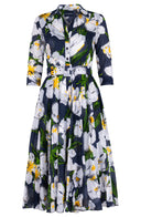 Aster Dress Shirt Collar 3/4 Sleeve Midi Length Cotton Musola (Emperor Tulip Bright)