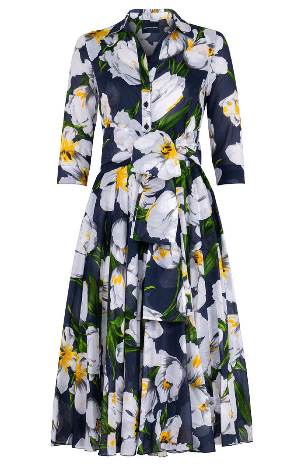 Aster Dress Shirt Collar 3/4 Sleeve Midi Length Cotton Musola (Emperor Tulip Bright)