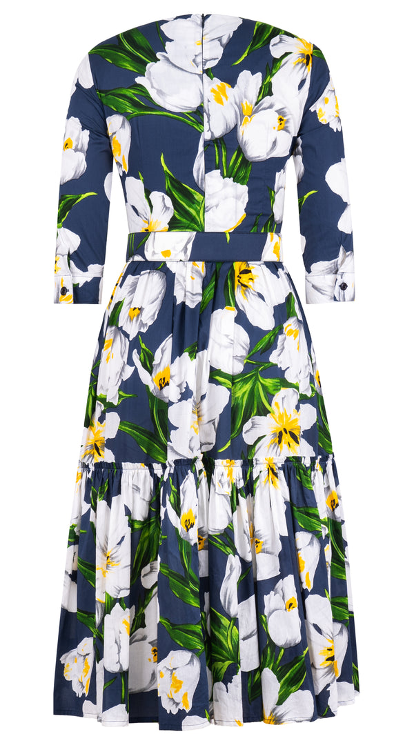 Melanie Dress Crew Neck 3/4 Sleeve Midi Length Cotton Lawn (Emperor Tulip Bright) @XS-XXL