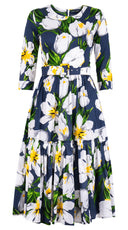 Melanie Dress Crew Neck 3/4 Sleeve Midi Length Cotton Lawn (Emperor Tulip Bright)