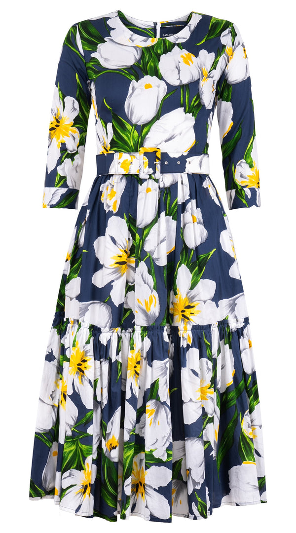 Melanie Dress Crew Neck 3/4 Sleeve Midi Length Cotton Lawn (Emperor Tulip Bright)