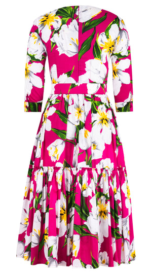 Melanie Dress Crew Neck 3/4 Sleeve Midi Length Cotton Lawn (Emperor Tulip Bright) @XS-XXL