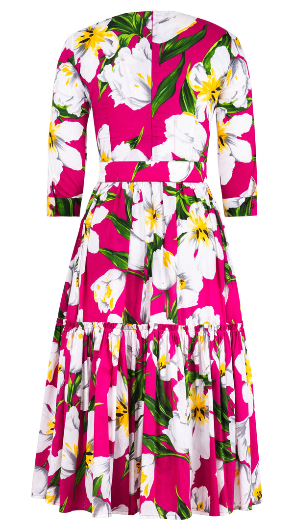 Melanie Dress Crew Neck 3/4 Sleeve Midi Length Cotton Lawn (Emperor Tulip Bright) @XS-XXL