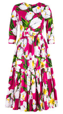 Melanie Dress Crew Neck 3/4 Sleeve Midi Length Cotton Lawn (Emperor Tulip Bright) @XS-XXL