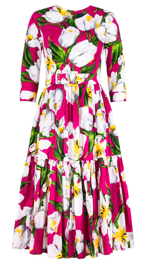 Melanie Dress Crew Neck 3/4 Sleeve Midi Length Cotton Lawn (Emperor Tulip Bright) @XS-XXL