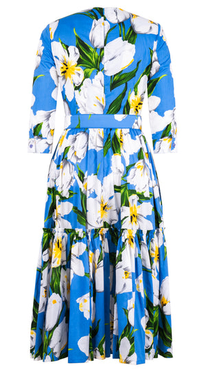 Melanie Dress Crew Neck 3/4 Sleeve Midi Length Cotton Lawn (Emperor Tulip Bright) @XS-XXL
