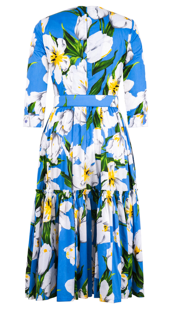Melanie Dress Crew Neck 3/4 Sleeve Midi Length Cotton Lawn (Emperor Tulip Bright) @XS-XXL