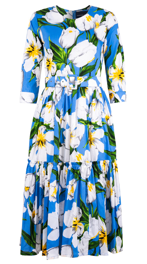 Melanie Dress Crew Neck 3/4 Sleeve Midi Length Cotton Lawn (Emperor Tulip Bright) @XS-XXL