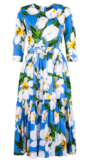 Melanie Dress Crew Neck 3/4 Sleeve Midi Length Cotton Lawn (Emperor Tulip Bright)