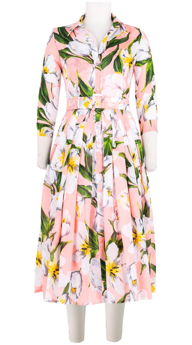 Audrey Dress #4 Shirt Collar 3/4 Sleeve Midi Length Cotton Musola (Emperor Tulip Pastel)