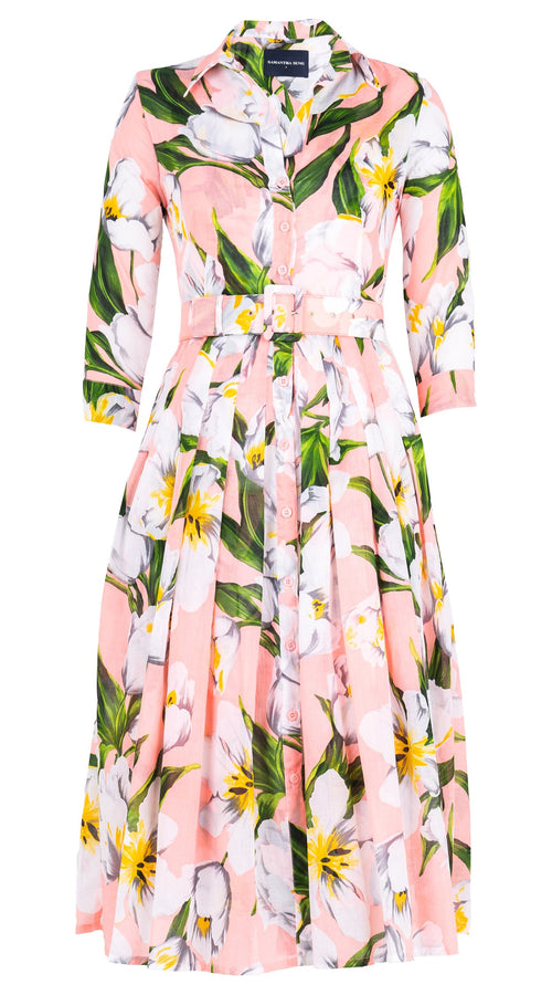 Audrey Dress #4 Shirt Collar 3/4 Sleeve Midi Length Cotton Musola (Emperor Tulip Pastel)