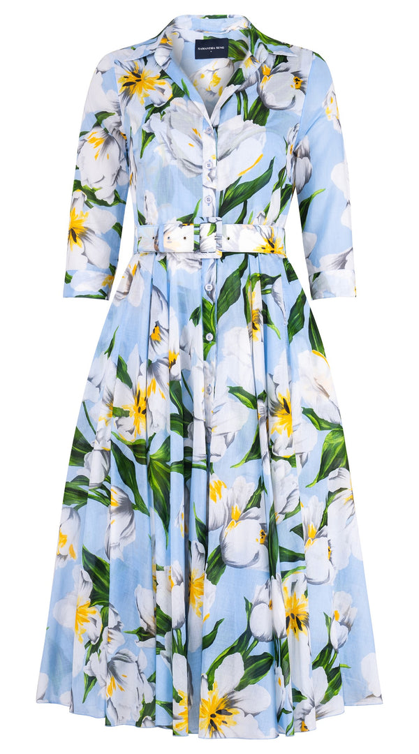 Aster Dress Shirt Collar 3/4 Sleeve Midi Length Cotton Musola (Emperor Tulip Pastel)