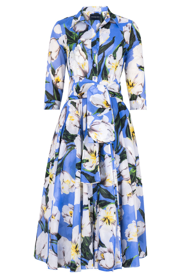 Aster Dress Shirt Collar 3/4 Sleeve Midi Length Cotton Musola (Emperor Tulip Pastel)