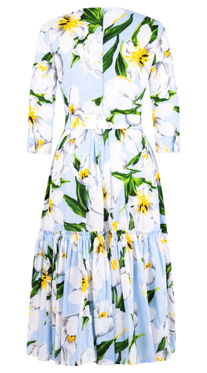 Melanie Dress Crew Neck 3/4 Sleeve Midi Length Cotton Lawn (Emperor Tulip Pastel)