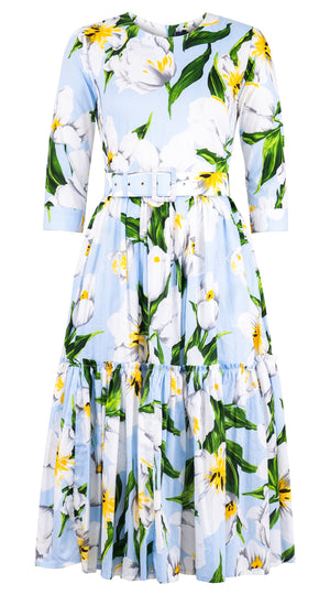 Melanie Dress Crew Neck 3/4 Sleeve Midi Length Cotton Lawn (Emperor Tulip Pastel)