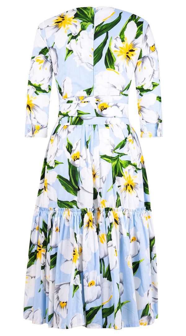 Melanie Dress Crew Neck 3/4 Sleeve Midi Length Cotton Lawn (Emperor Tulip Pastel)