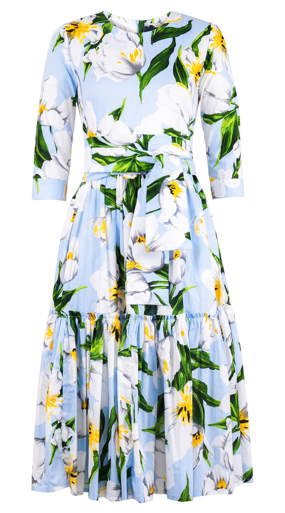 Melanie Dress Crew Neck 3/4 Sleeve Midi Length Cotton Lawn (Emperor Tulip Pastel)