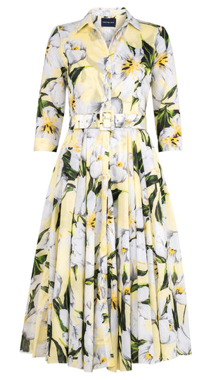 Aster Dress Shirt Collar 3/4 Sleeve Midi Length Cotton Musola (Emperor Tulip Pastel)