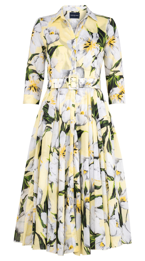 Aster Dress Shirt Collar 3/4 Sleeve Midi Length Cotton Musola (Emperor Tulip Pastel)