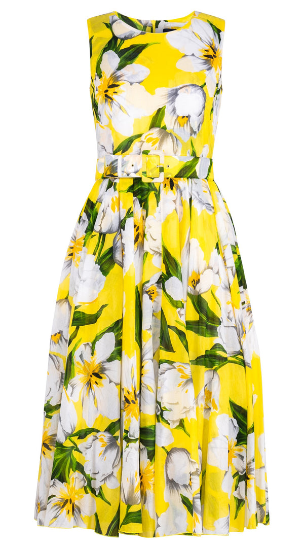 Aster Dress Crew Neck Sleeveless Midi Length Cotton Musola (Emperor Tulip Bright)