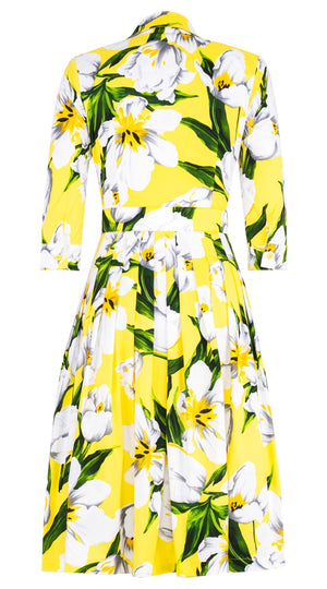 Audrey Dress #2 Shirt Collar 3/4 Sleeve Long Length Cotton Stretch (Emperor Tulip Bright)