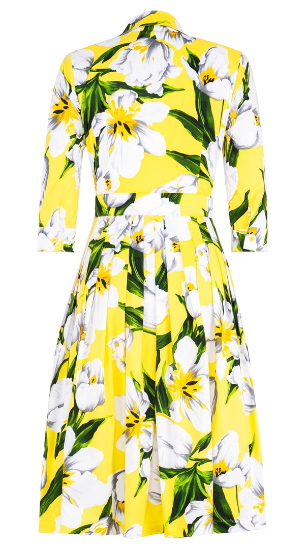 Audrey Dress #2 Shirt Collar 3/4 Sleeve Long Length Cotton Stretch (Emperor Tulip Bright)