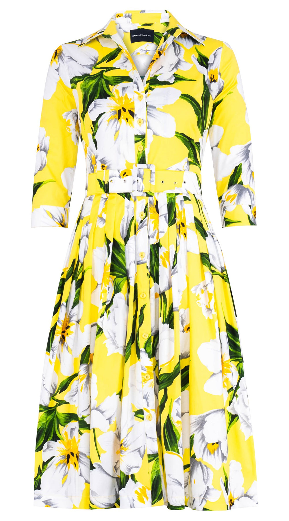 Audrey Dress #2 Shirt Collar 3/4 Sleeve Long Length Cotton Stretch (Emperor Tulip Bright)