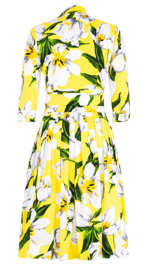 Audrey Dress #2 Shirt Collar 3/4 Sleeve Long Length Cotton Stretch (Emperor Tulip Bright)