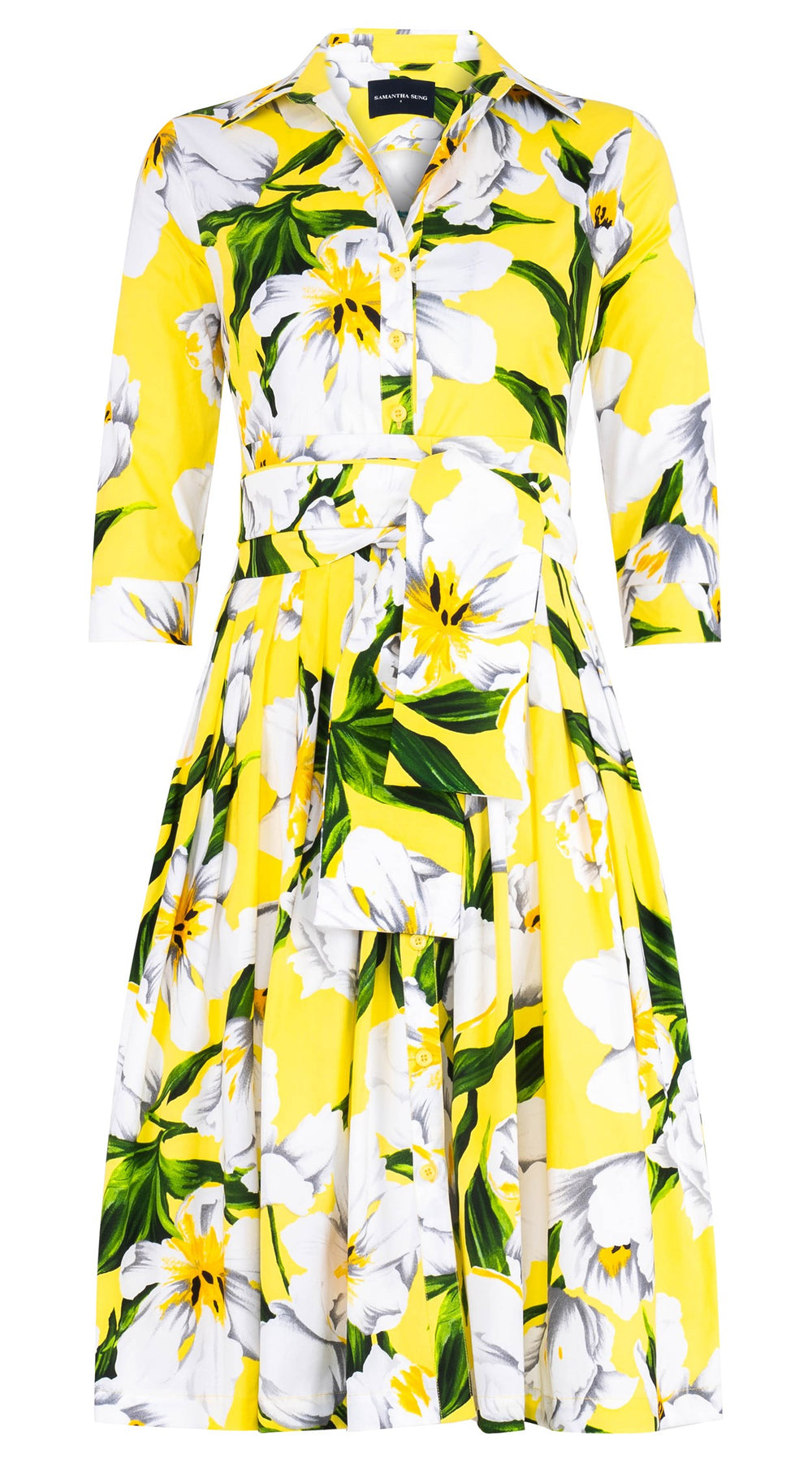 Audrey Dress #2 Shirt Collar 3/4 Sleeve Long Length Cotton Stretch (Emperor Tulip Bright)