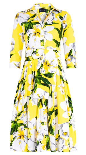 Audrey Dress #2 Shirt Collar 3/4 Sleeve Long Length Cotton Stretch (Emperor Tulip Bright)