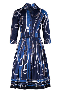 Audrey Dress #1 Shirt Collar 3/4 Sleeve Regular Length Cotton Stretch (Equestrian Flow Bright)
