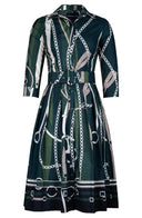 Audrey Dress #1 Shirt Collar 3/4 Sleeve Long Length Cotton Stretch (Equestrian Flow Bright)